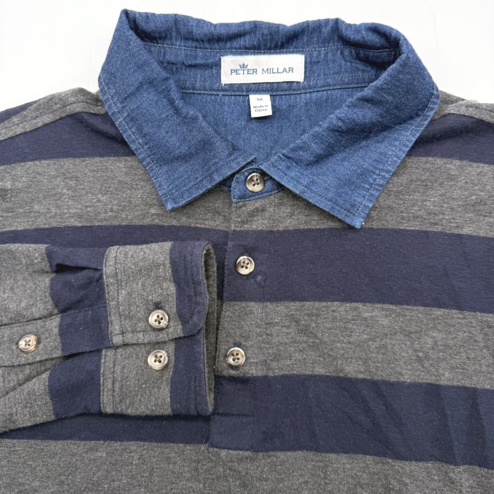 Peter Millar Polo Shirt Mens M Navy Grey Striped Cashmere Blend Long Sleeve